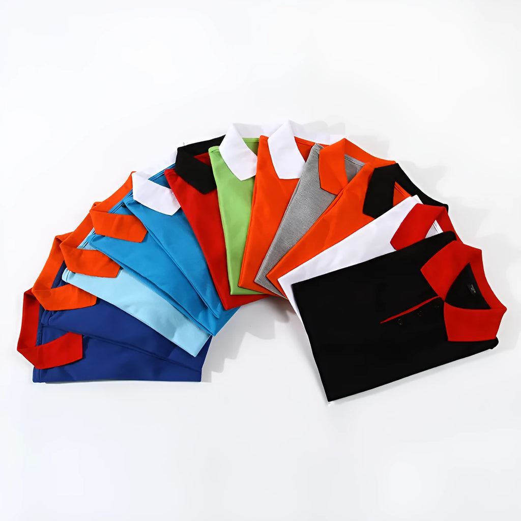 Colour lapel advertising T-shirt for men in a short sleeve, loose fit design on a hanger.