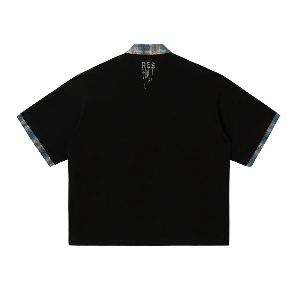 Men's loose asymmetric short-sleeved top with graffiti print on lapels in residual blue colour