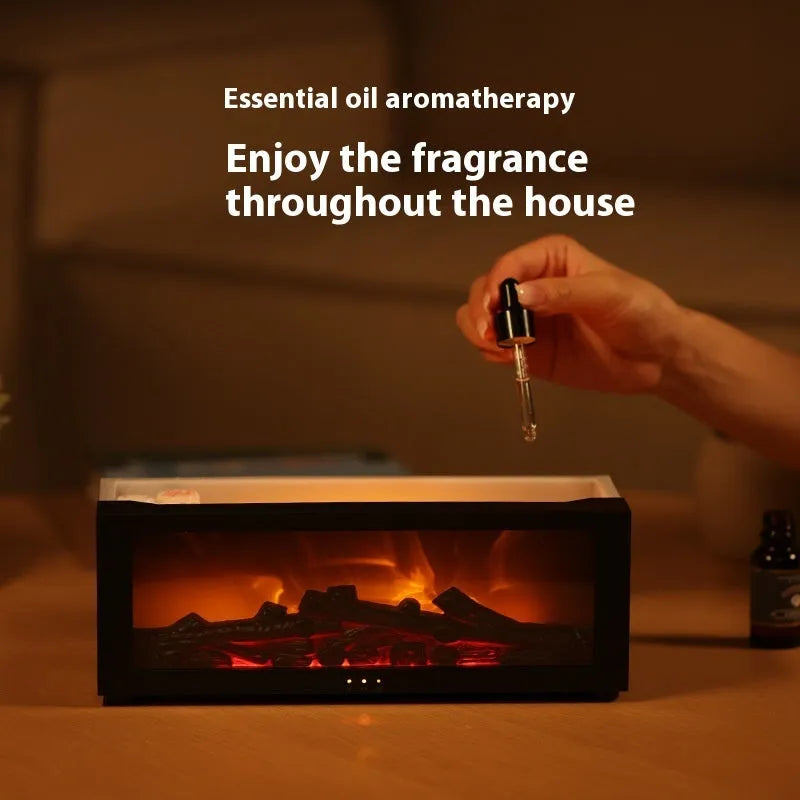 Square desktop aromatherapy diffuser emitting mist with a colourful 3D flame effect and mood lights at the base.
