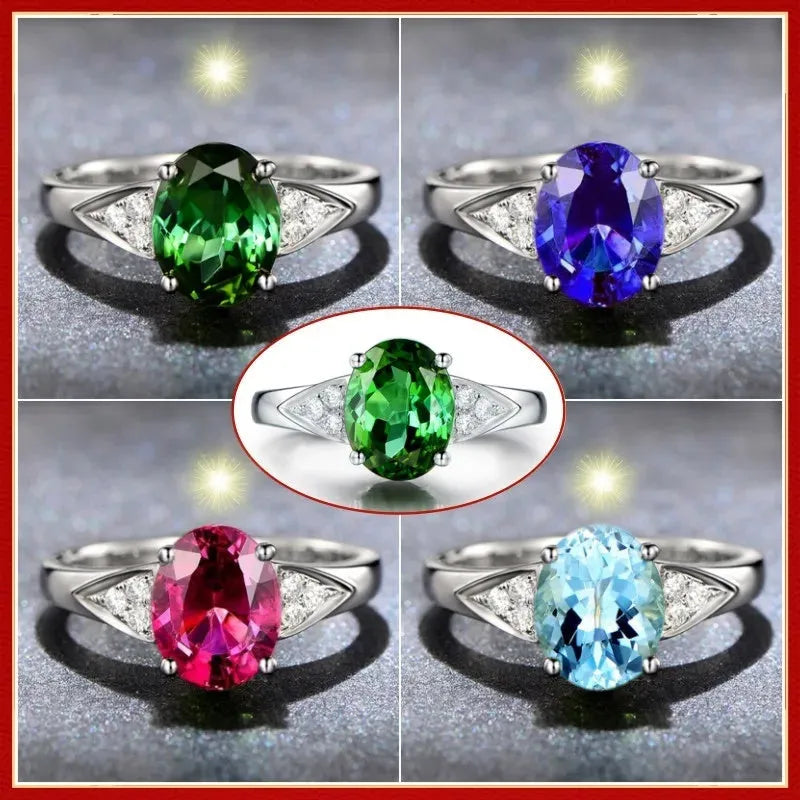 Women's court-style ring with natural zircon inlay in heart, drop, or bell patterns on a blue background.