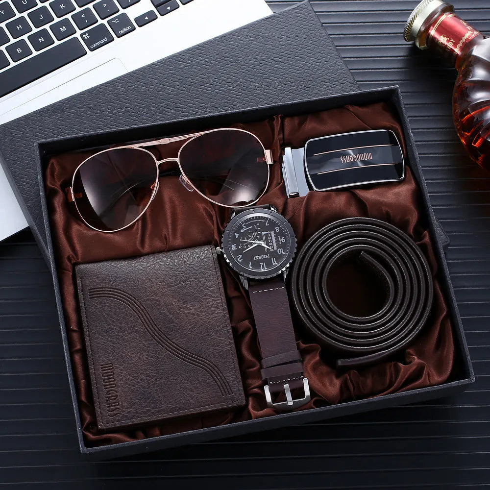 Men's brown watch set including watch, belt, glasses, and wallet in OPP packaging
