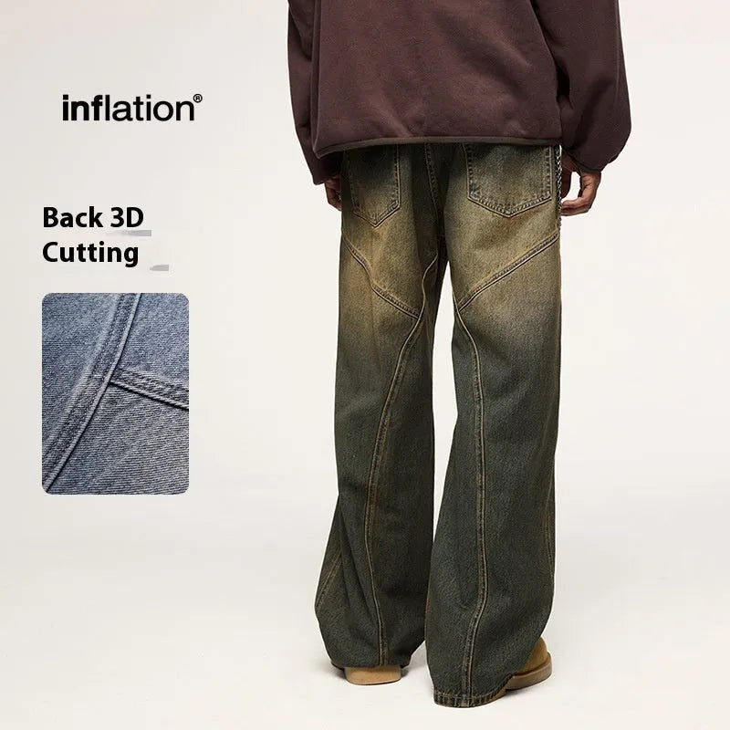Men's washed cut wide leg jeans in straight leg style showing micro-elastic fabric and zipper fly