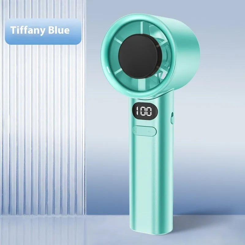 A handheld personal fan showing colour options of green, khaki, silver, and white, with 120-speed variable control.