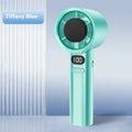 A handheld personal fan showing colour options of green, khaki, silver, and white, with 120-speed variable control.