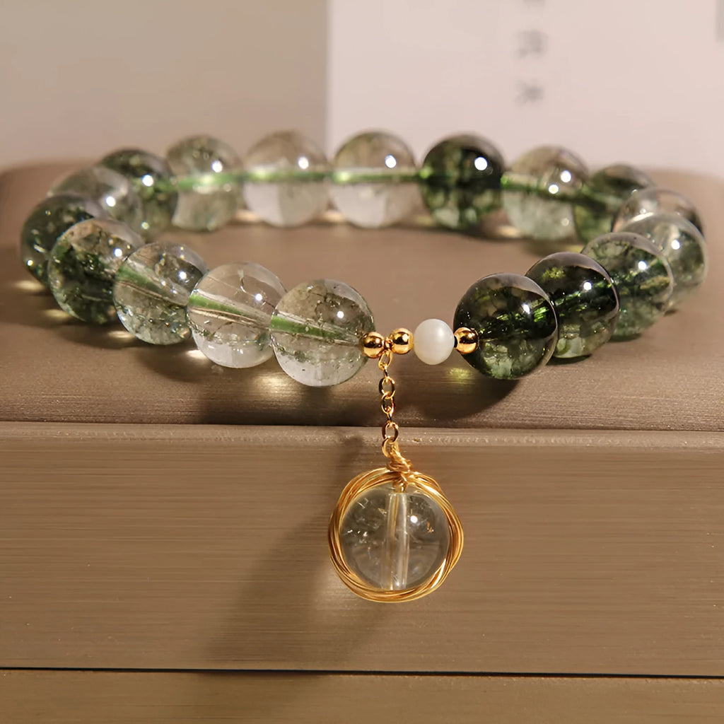 Green phantom quartz crystal bracelet with Japanese Korean style winding transfer beads