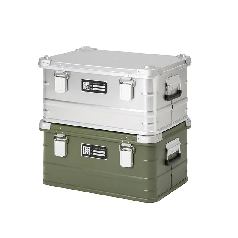 Field green aluminium alloy camping storage box with dimensions 58cm by 38cm by 28cm