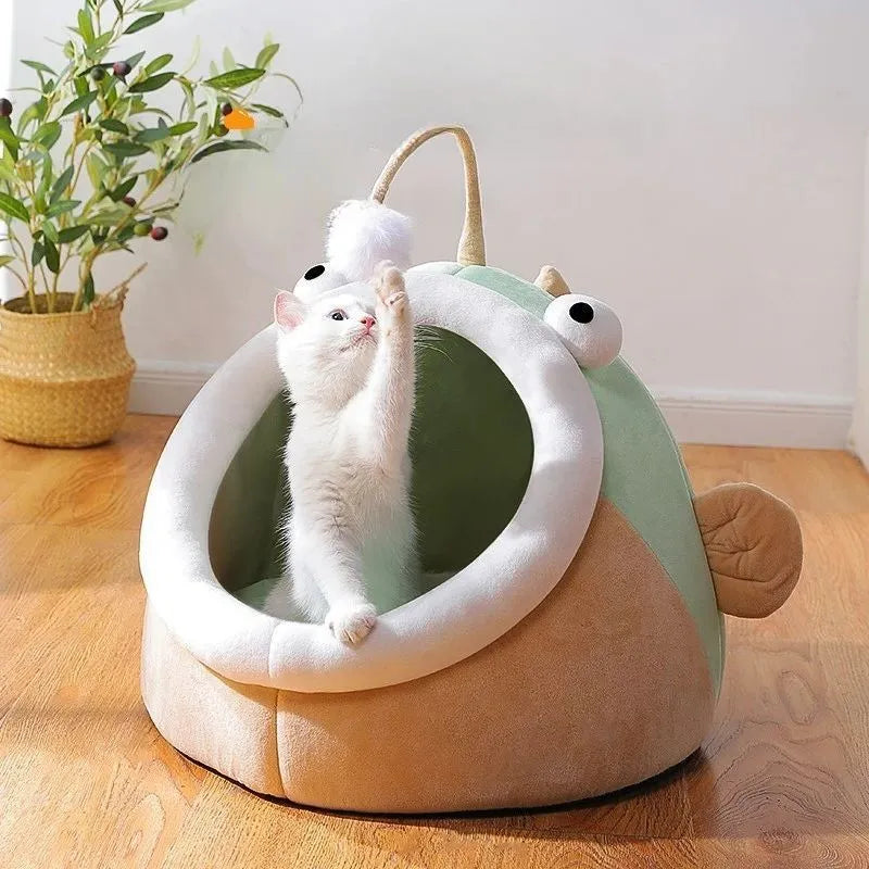 Semi-closed grey deerskin velvet pet house for cats or small dogs