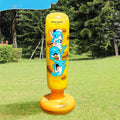 Yellow inflatable boxing column with hamburger print design standing upright.
