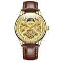 Men's gold and white leather strap automatic waterproof watch with business style.