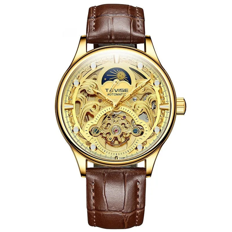 Men's gold and white leather strap automatic waterproof watch with business style.