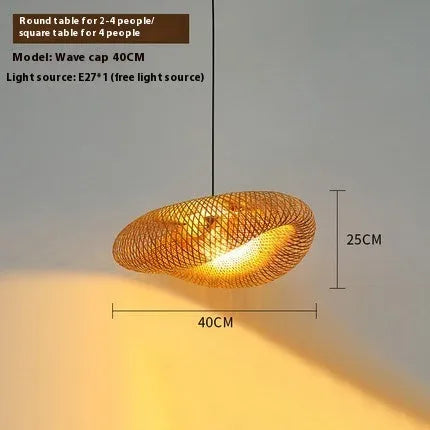 Straw hat-shaped bamboo rattan hanging lamp with woven texture, shown as a pendant ceiling light.