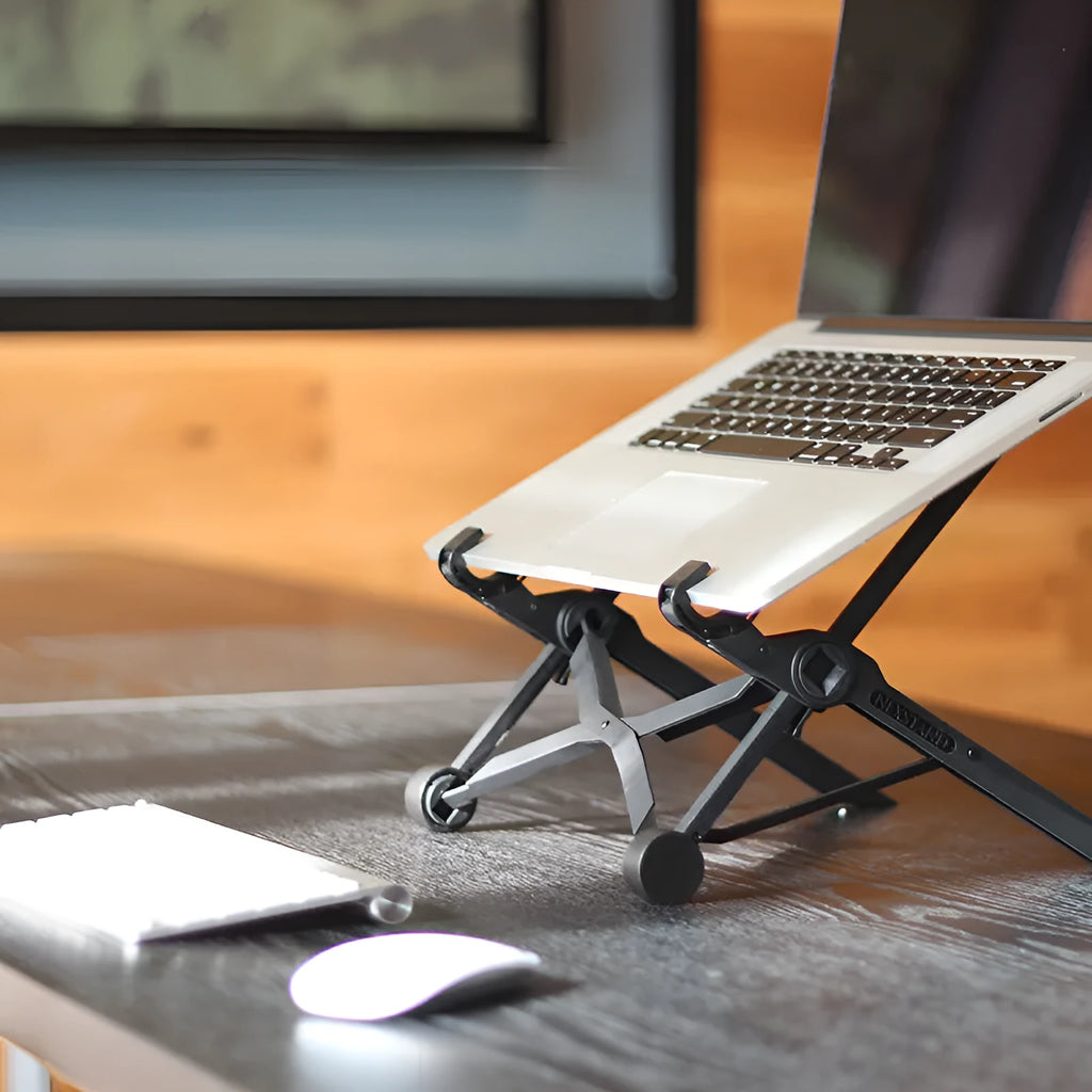 Sagacious black portable laptop stand with foldable enhanced nylon construction and storage bag