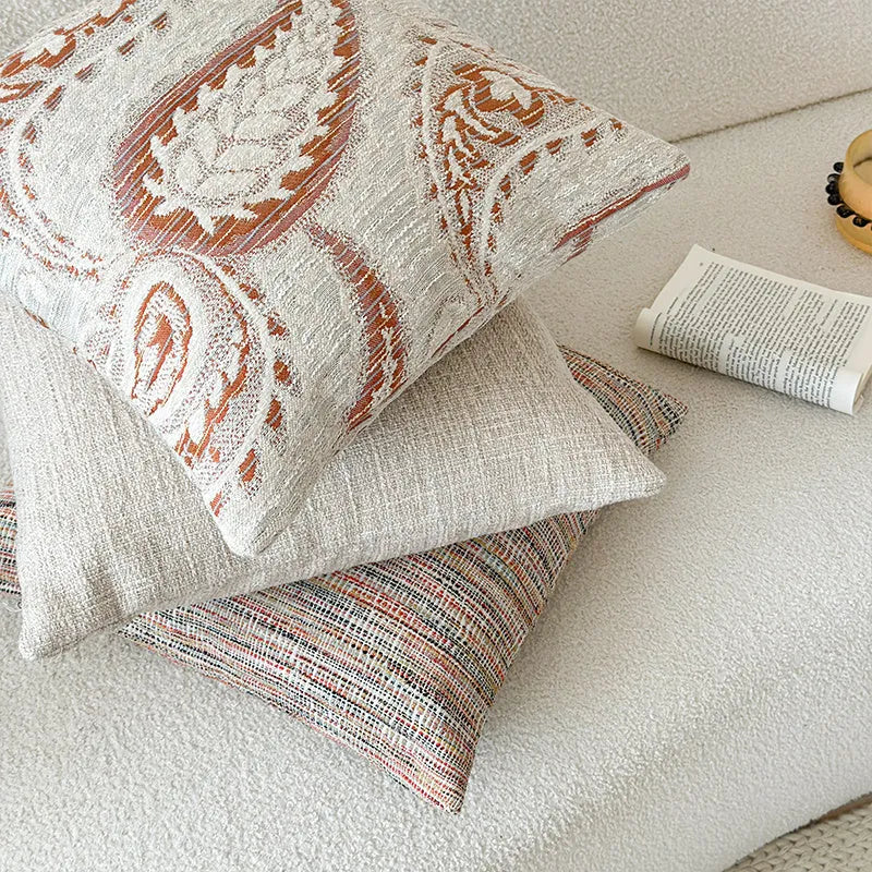 American-style jacquard cushion cover with yarn-dyed paisley floral pattern in amber colours for sofa backrest