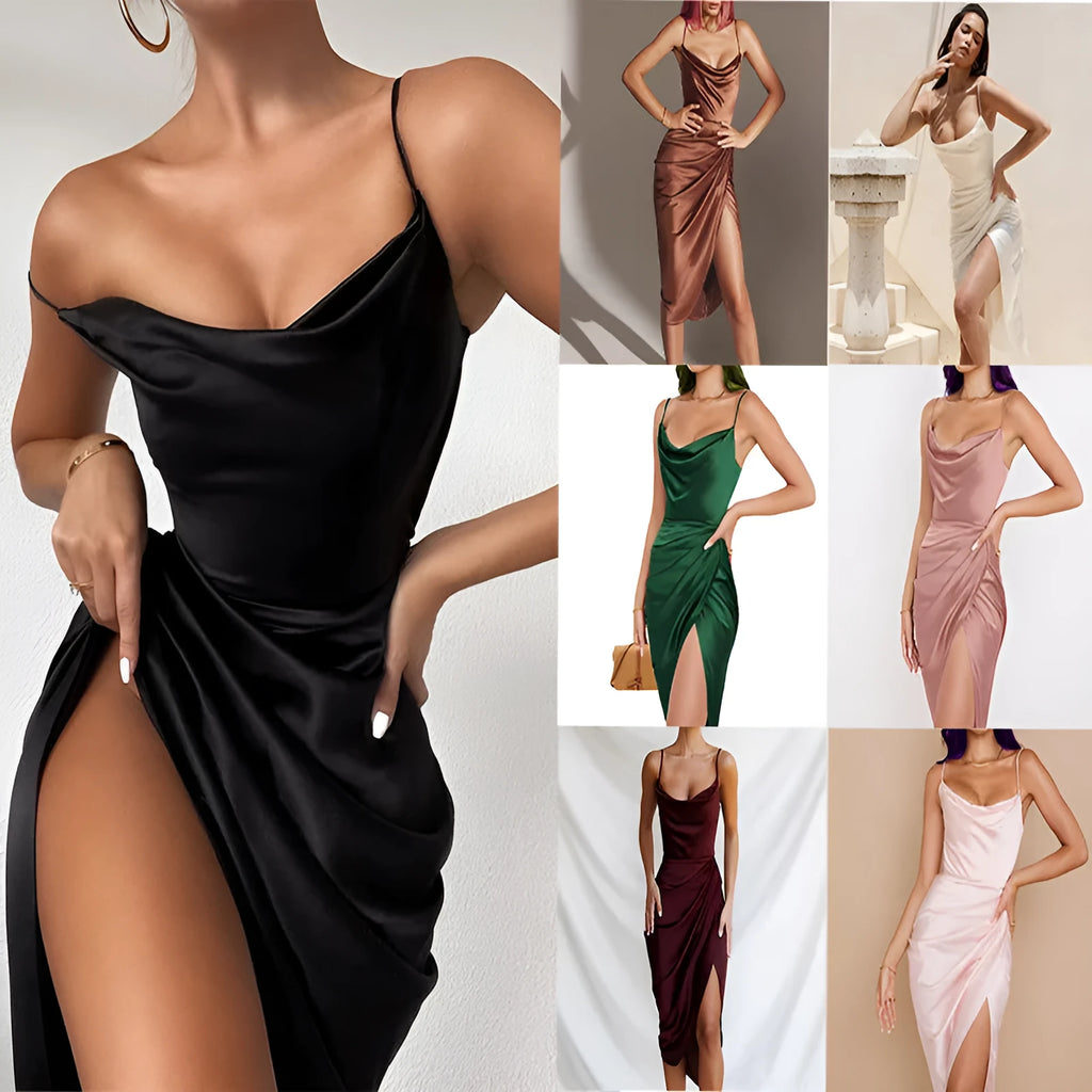 Satin high-waist skirt with a thigh-high split, shown in black, on a model.