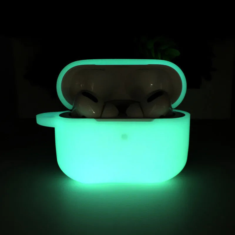 Luminous blue silicone flip case for Apple AirPods with an attached hanging strap.