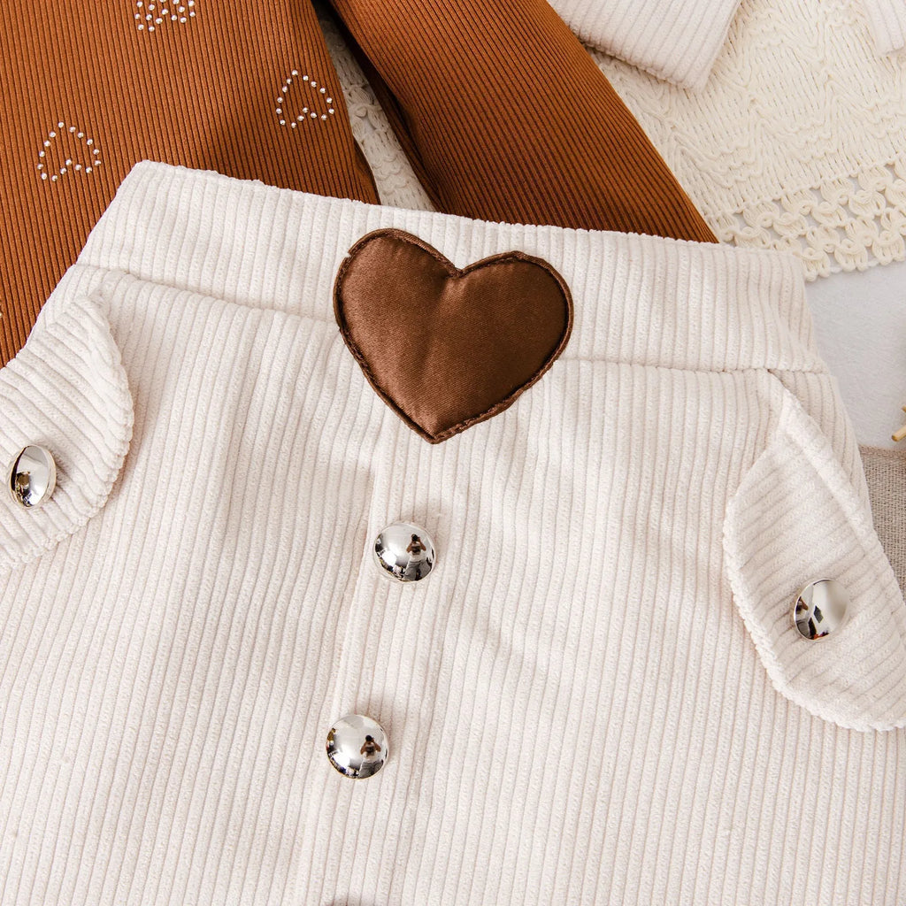 Brown striped long-sleeve top and short skirt cotton dress set for toddlers