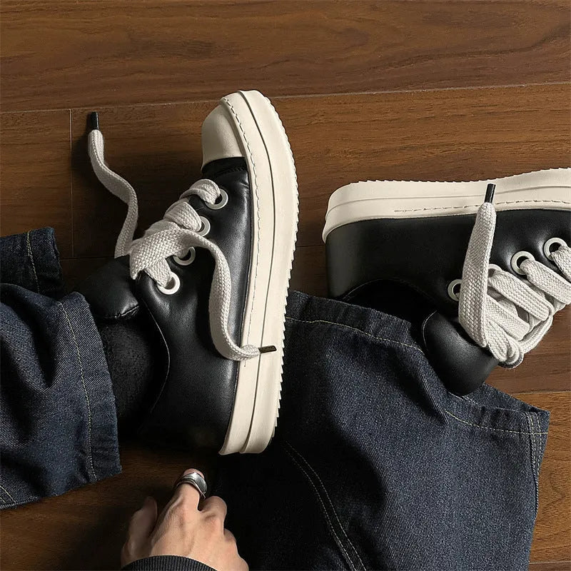 Men's black leather slip-on casual shoes with round toe and rubber sole