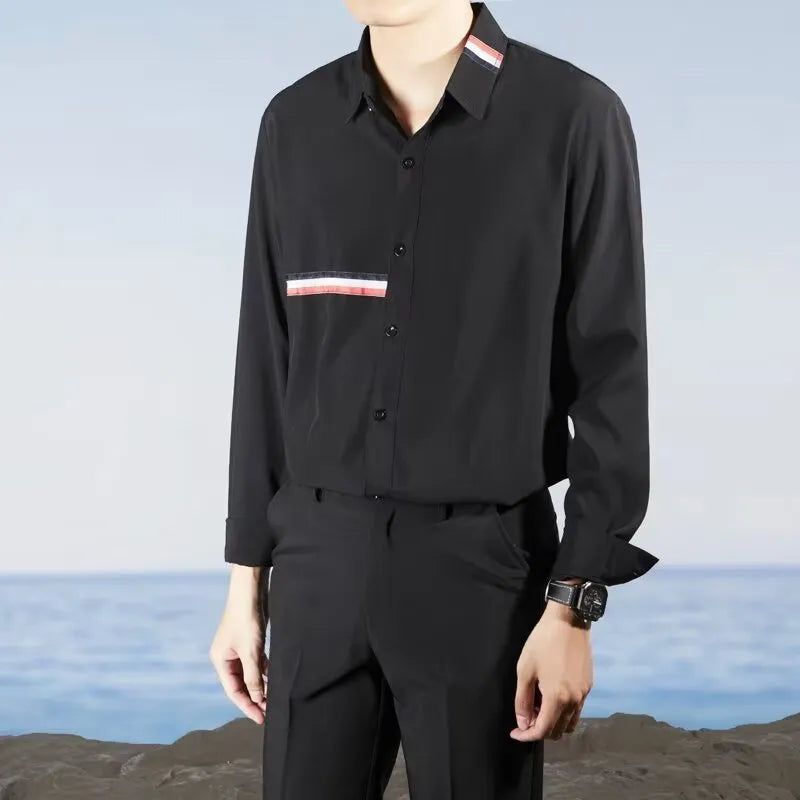 Hong Kong style men's loose casual shirt cardigan in cotton blend polyester fabric