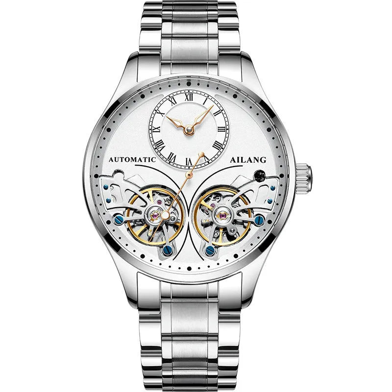 Men's automatic watch with tourbillon and moon phase on a metal case with a black dial.
