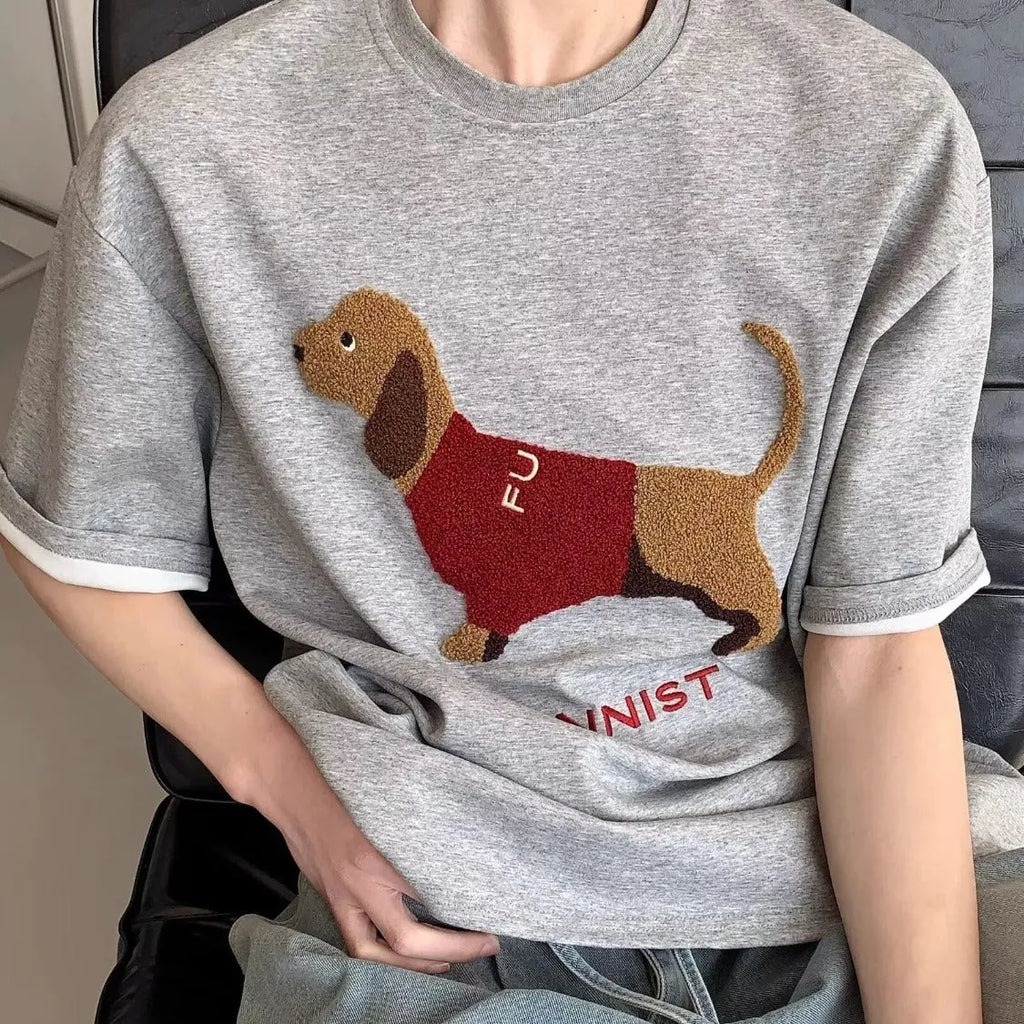 Mens grey cotton T-shirt with embroidered sausage dog towel design on front