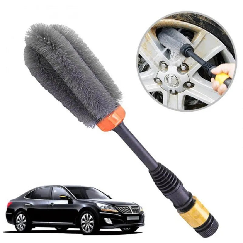Quick plug high-pressure car wash wheel hub brush with steel wire bristles and flow-through design