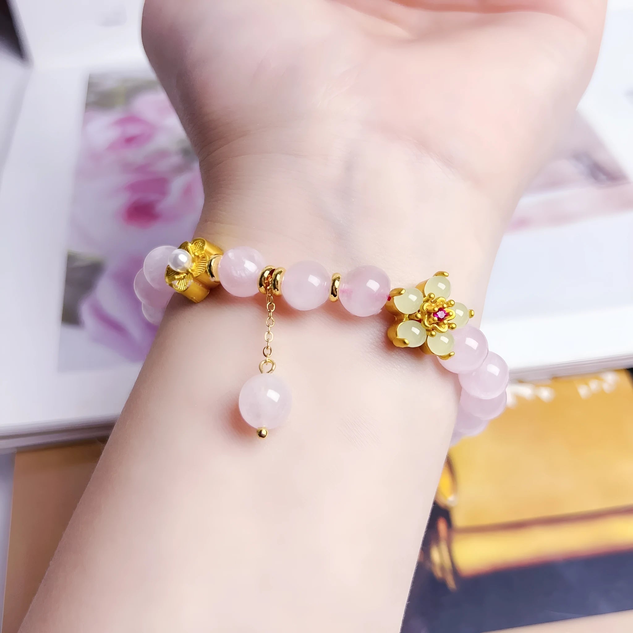 NAFU pink crystal peach blossom bracelet for women, handcrafted natural stone jewellery.