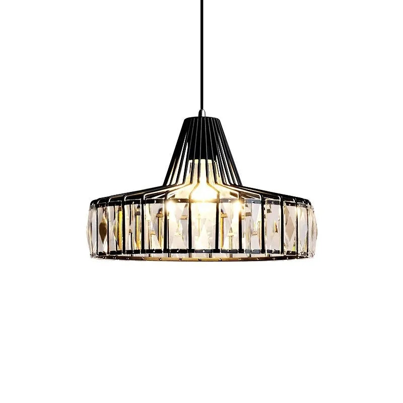 Modern crystal LED ceiling chandelier with black iron frame and decorative crystal elements