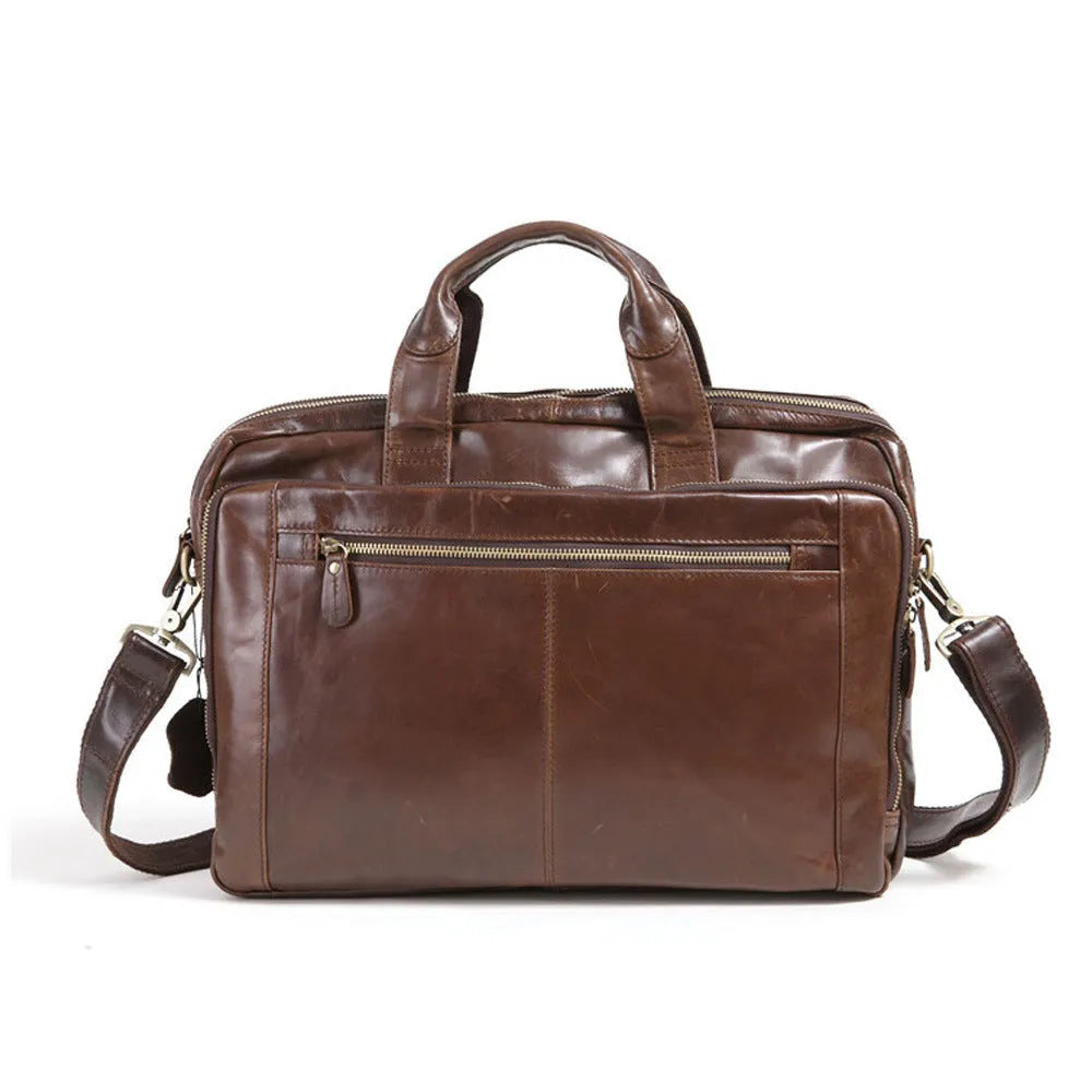 Brown leather men's business briefcase with 18-inch size and first layer cowhide construction