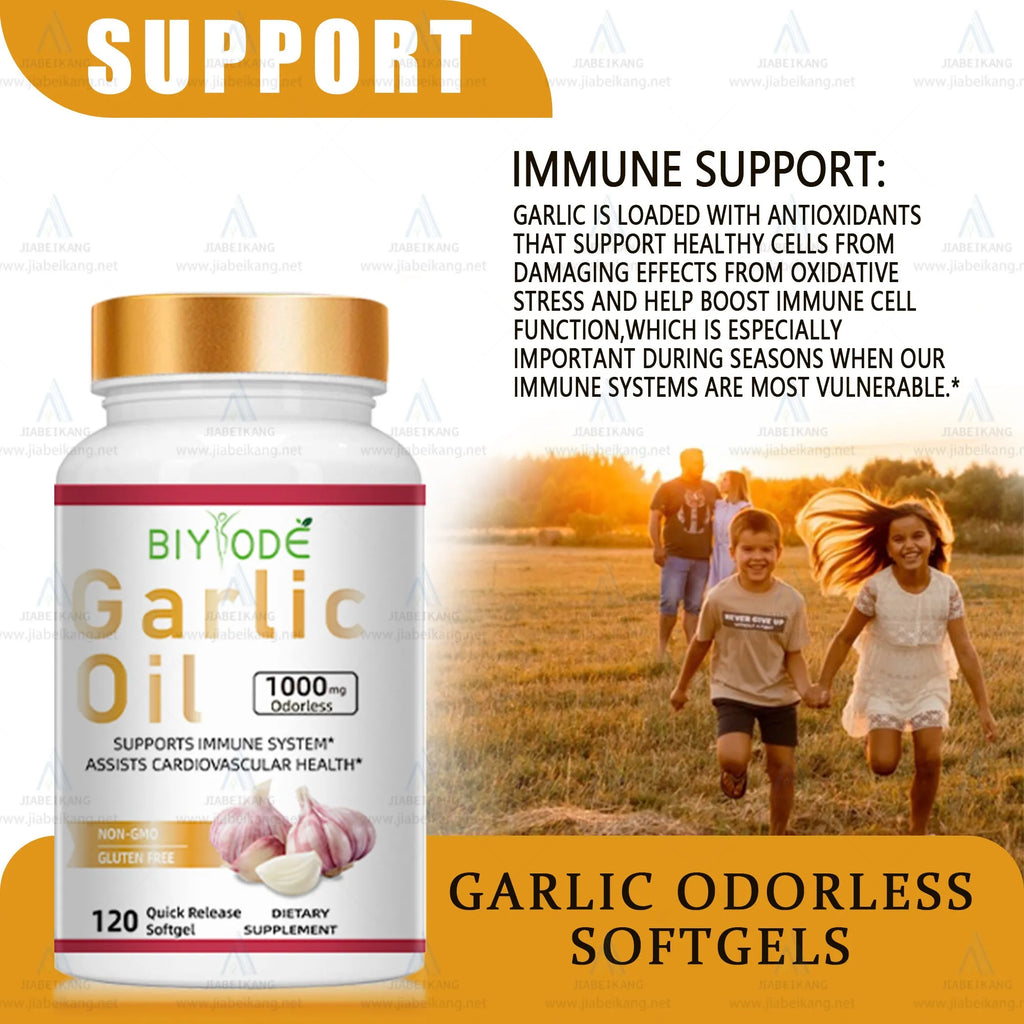 Bottle of Biyode odourless garlic softgel supplement with 60 softgels for heart health and immune support