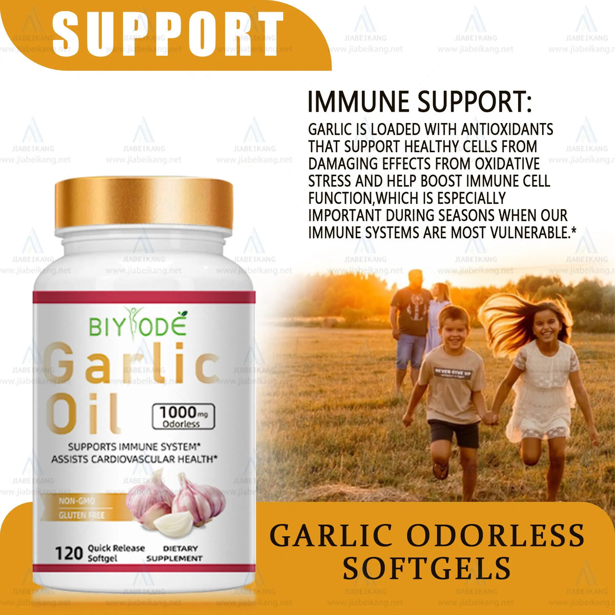 Bottle of Biyode odourless garlic softgel supplement with 60 softgels for heart health and immune support