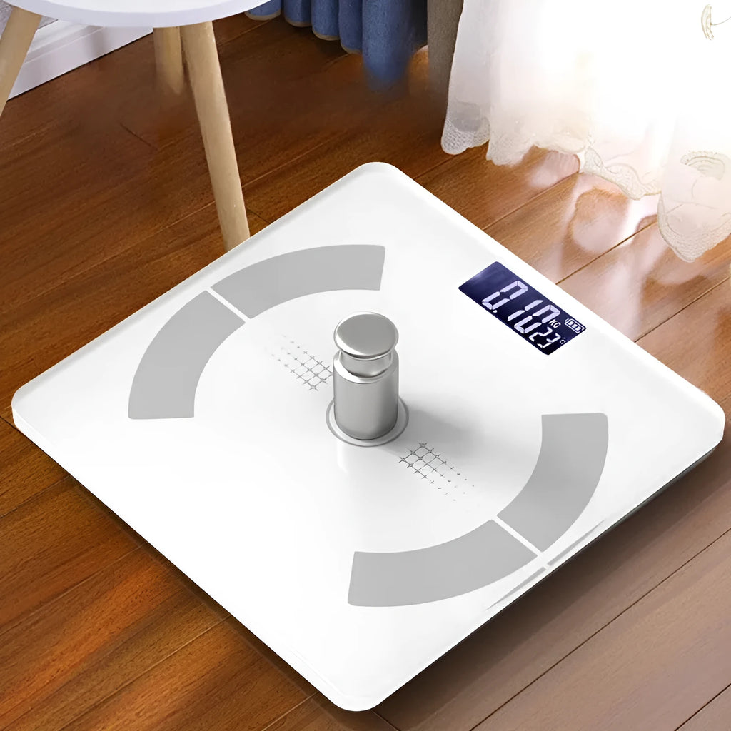 Smart Bluetooth body fat scale in white colour showing digital display with weight and body fat readings