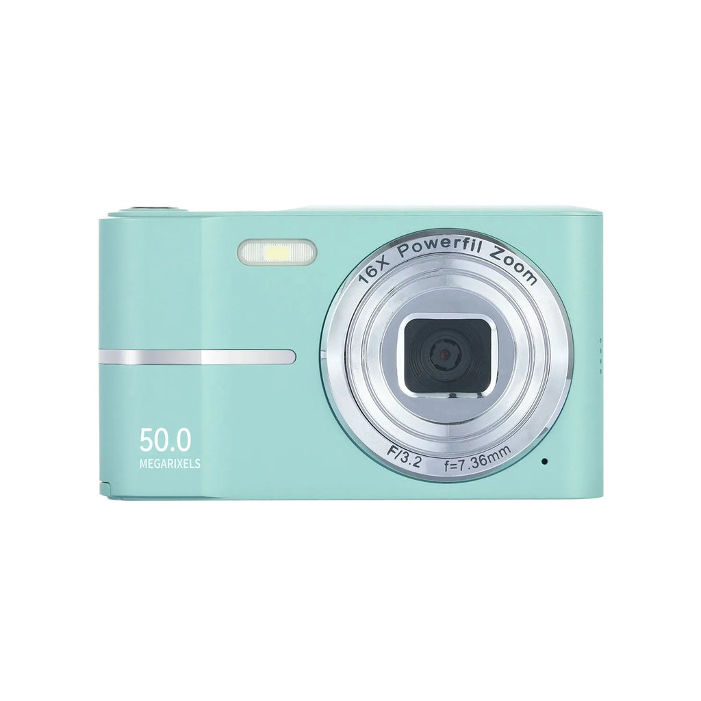 Student mini digital camera in black, green, pink, or white showing compact 90mm design with manual controls