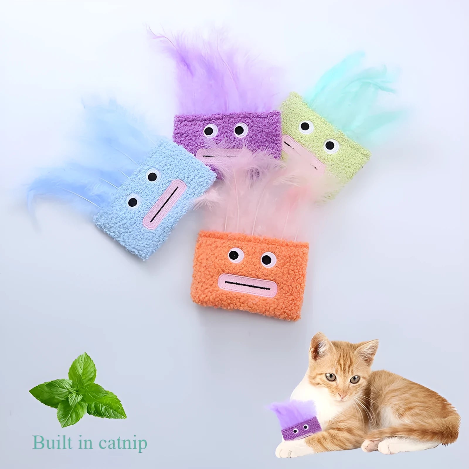Colourful plush cat toy shaped like an explosion head with a big mouth, filled with natural catnip.