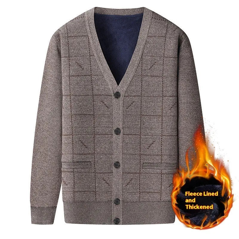 Men's dark grey fleece-lined cardigan with batwing sleeves on a hanger