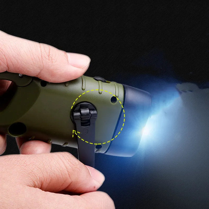 Hand-crank solar LED flashlight with USB charging port and 40mAh battery capacity