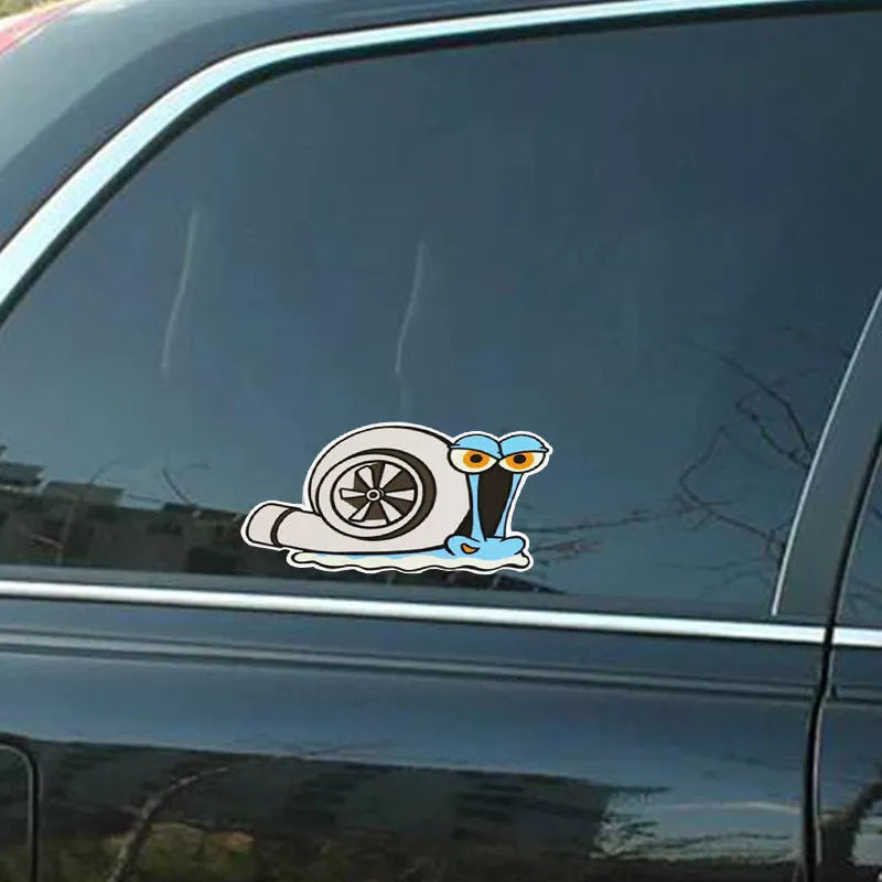 Reflective snail cartoon car bumper sticker with colourful design on white background