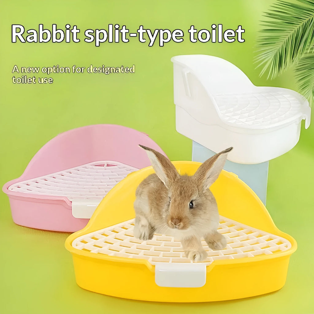 Triangular plastic pet toilet for rabbits, shown as a corner potty in blue, pink, white or yellow