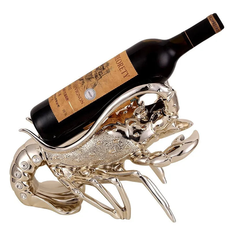 Lobster-shaped wine rack ornament in rose gold or silver resin for decorative bottle display.