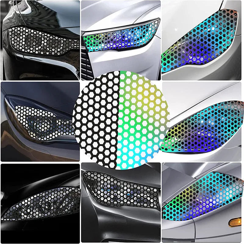 Honeycomb pattern car taillight sticker applique on vehicle rear light in black carbon fibre or colourful options