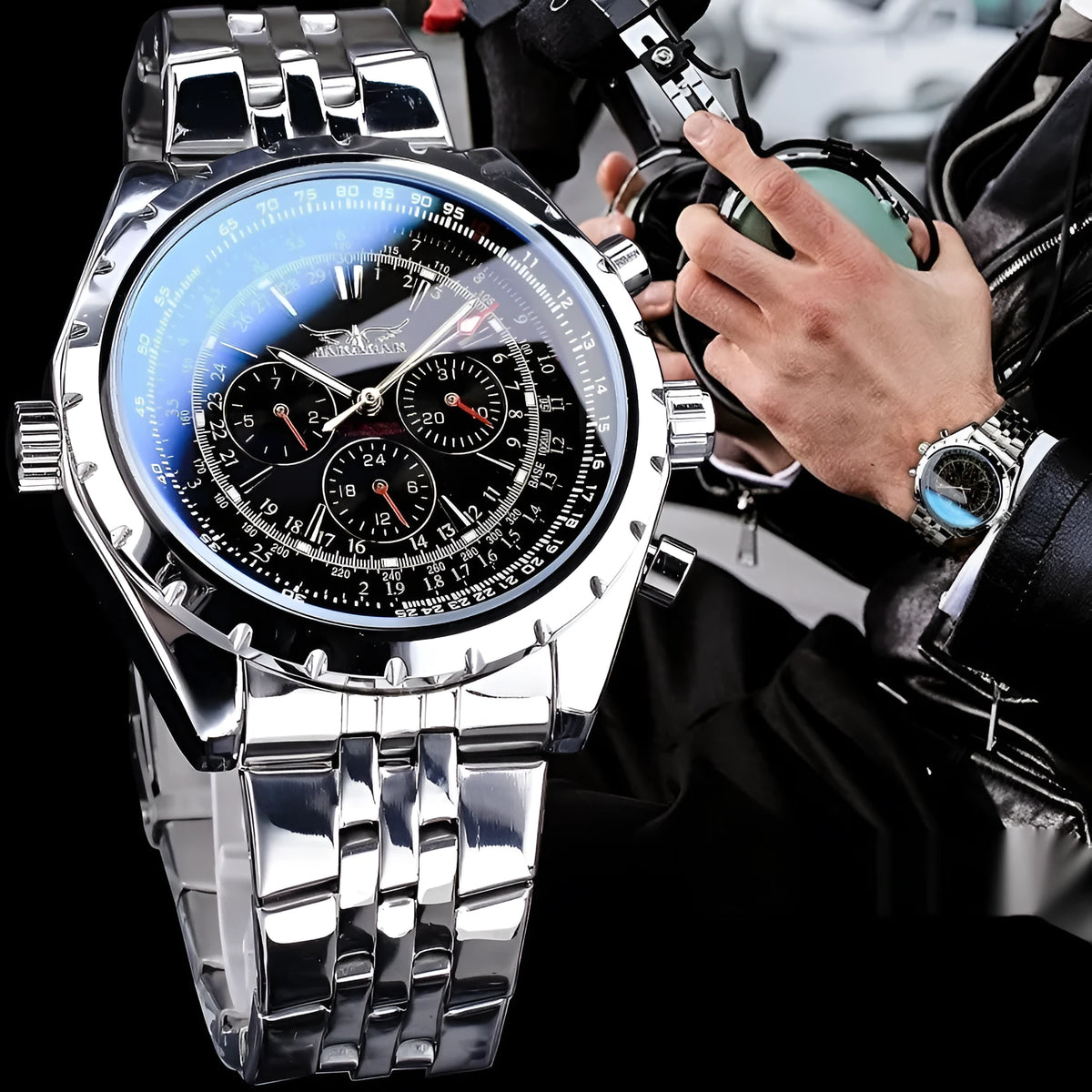 Men's mechanical watch with hollow dial, large face, steel band white face, 16mm thickness
