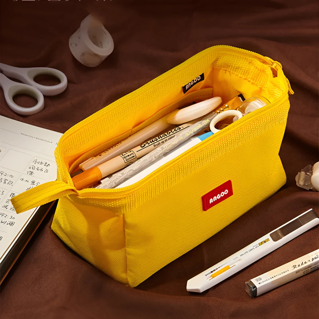 Oxford cloth pencil case with double zipper open showing interior compartment