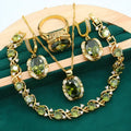 Olive green rhinestone zircon jewellery set with snake bone chain necklace, matching earrings, and ring.