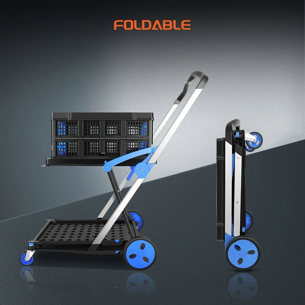 Foldable plastic shopping cart with two-layer basket design shown in blue colour option