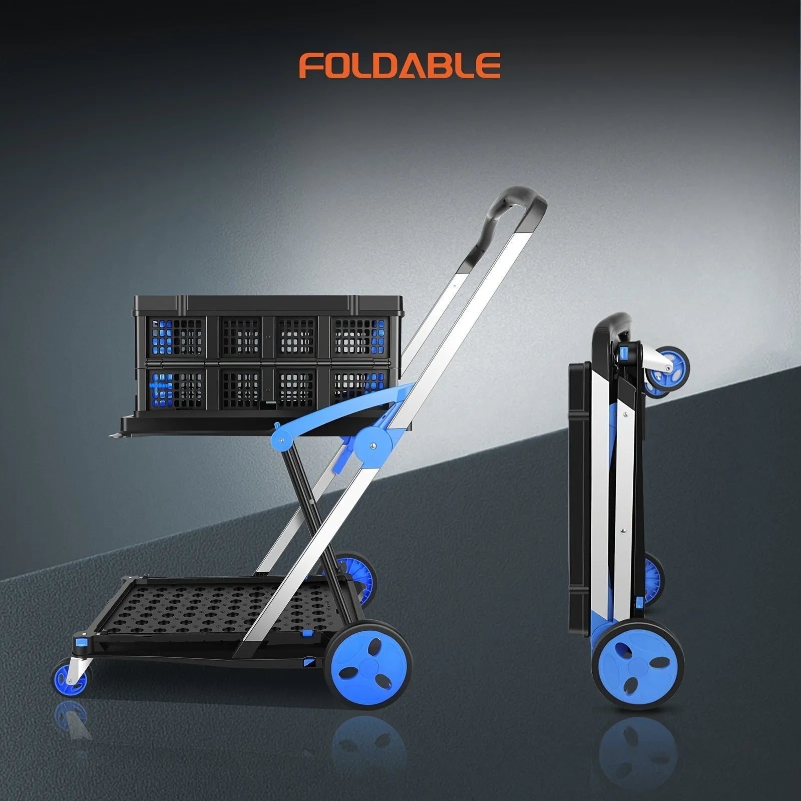 Foldable plastic shopping cart with two-layer basket design shown in blue colour option