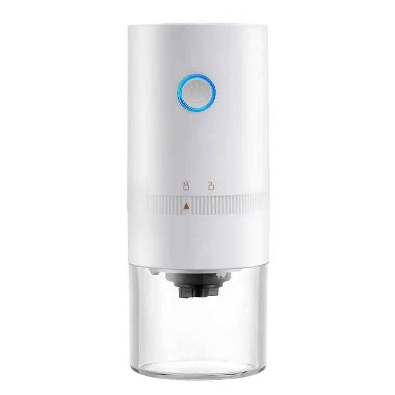 Black portable electric coffee grinder with transparent chamber showing coffee beans, USB-C charging port visible