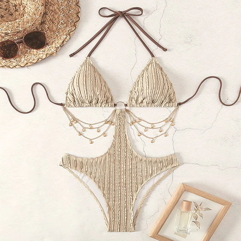 Lace-up cutout one-piece swimsuit for women in polyester, solid colour khaki or red, sizes S to XL