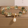 Women's green phantom quartz and pearl crystal bracelet in Japanese Korean style.