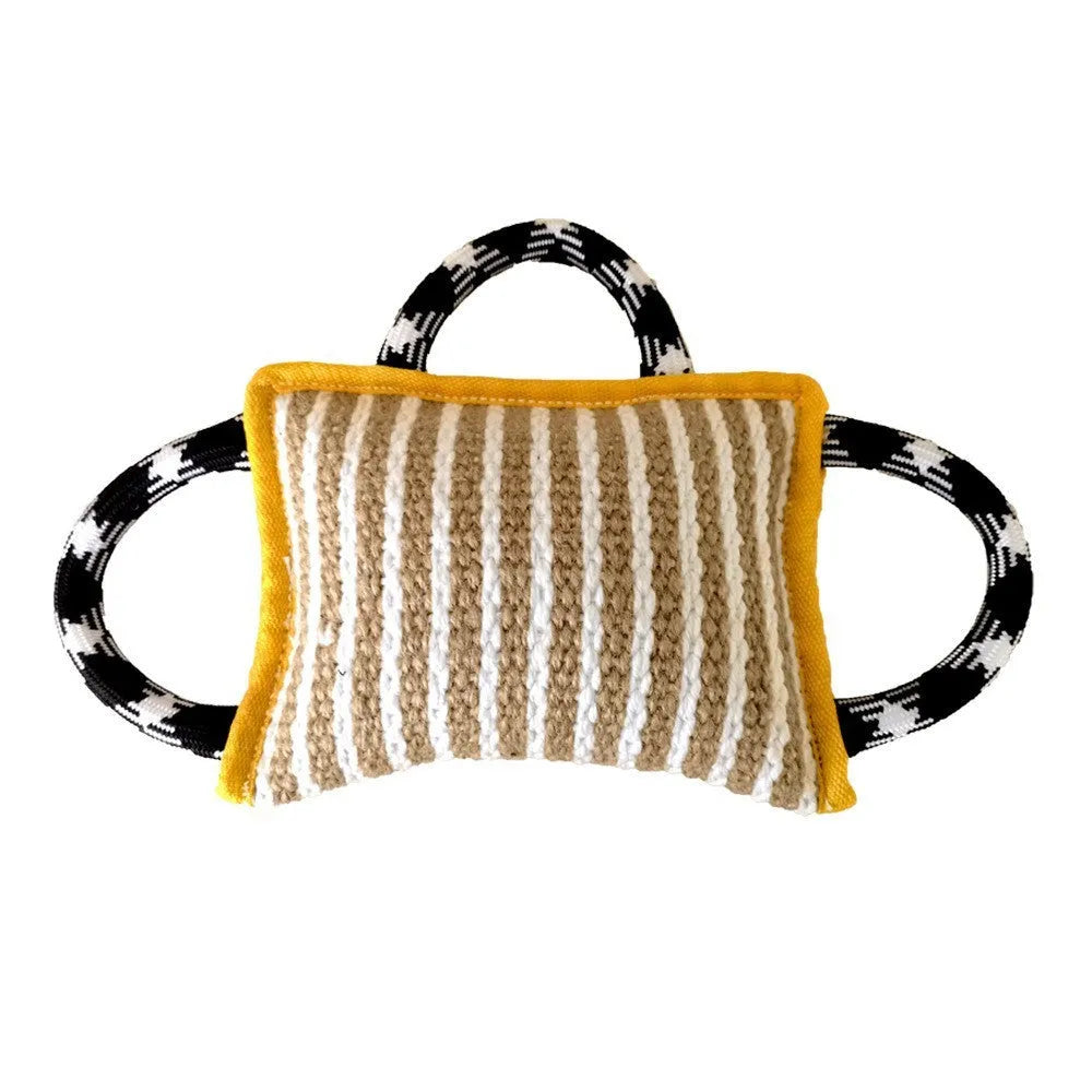 Jute dog tug toy bite pillow with three rope handles in assorted colours