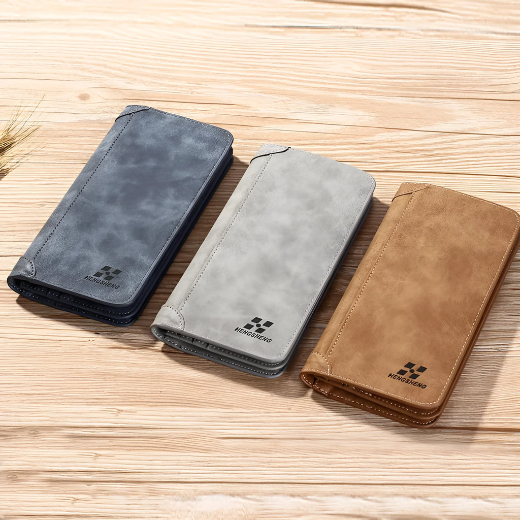 Long men's PU leather wallet in brown, blue or off-white with two-fold opening, car suture detail and card, ID, photo and bill slots.