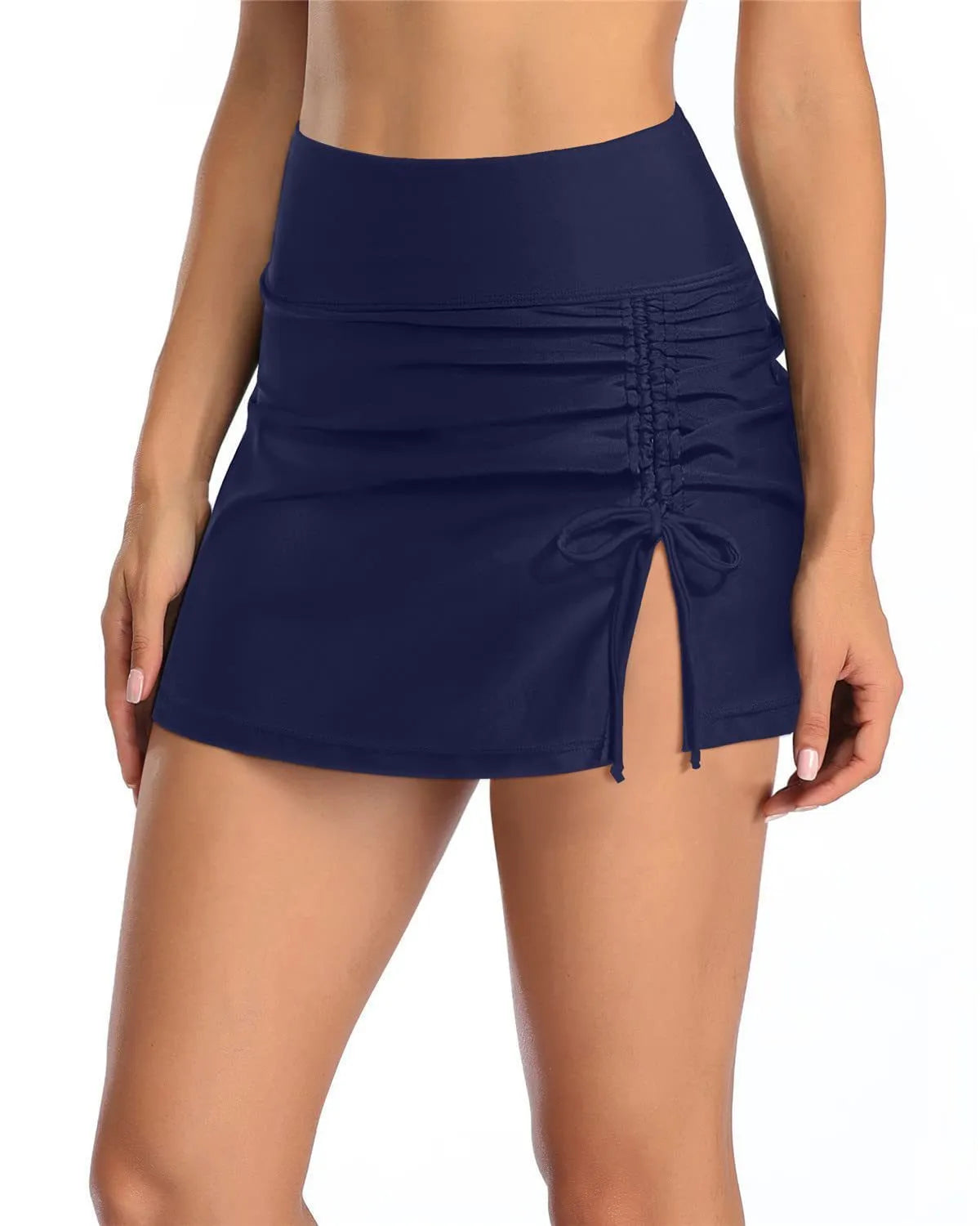 Women's solid colour swimming trunks with lace detailing in grey, shown on a hanger.